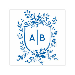 Französisches Blau Botanisches Wappen Hochzeitsmon Permastempel