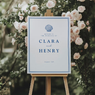 Französisches Blau Muschel Strand Hochzeit Willkom Poster