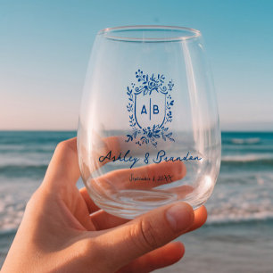 Französisches Blau Whimsical Florales Monogrammwap Weinglas Ohne Stiel