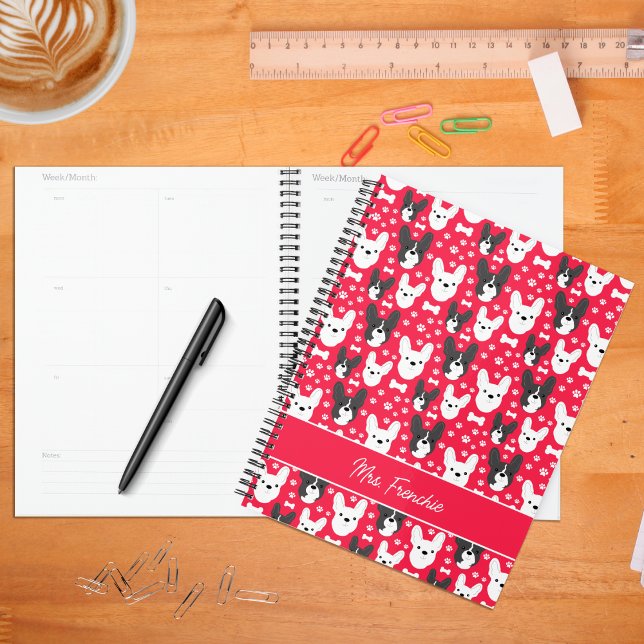 Französisches Bulldog-Muster wöchentlich Monat Planer (Frenchies in Red Customized Planner)