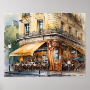 Französisches Café Aquarell Landschaft Kunst Druck Poster