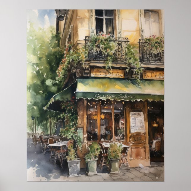 Französisches Café Watercolor Landschaft Kunst, Di Poster (Vorne)