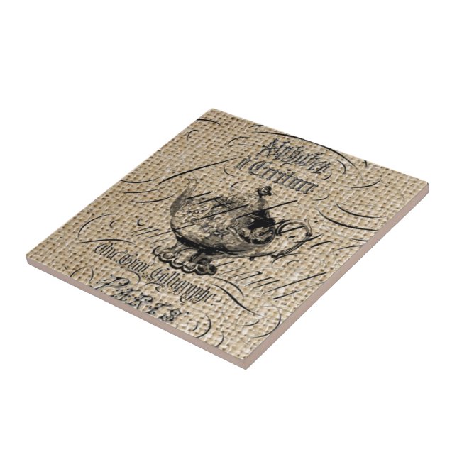 Französisches Country Burlap Skripte Teekanne Tee  Fliese (Seite)