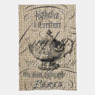 Französisches Country Burlap Skripte Teekanne Tee Handtuch