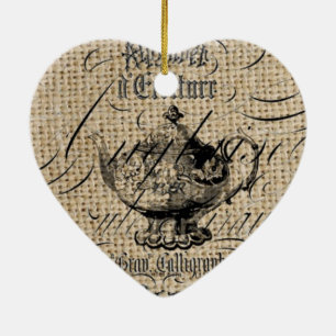 Französisches Country Burlap Skripte Teekanne Tee  Keramikornament