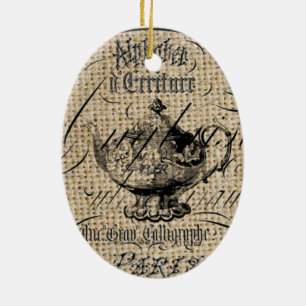 Französisches Country Burlap Skripte Teekanne Tee Keramikornament