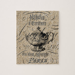 Französisches Country Burlap Skripte Teekanne Tee  Puzzle