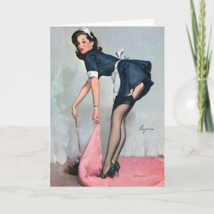 Französisches Dienstmädchen beim Fegen Pin Up Karte