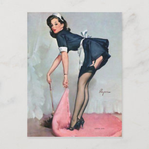 Französisches Dienstmädchen beim Fegen Pin Up Postkarte