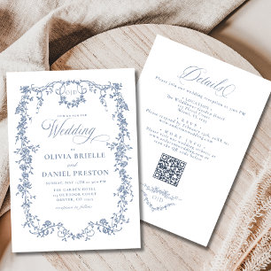 Französisches Dusty Blue in einem QR-Code Hochzeit Einladung
