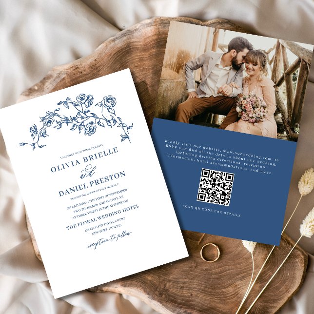 Französisches Foto QR Code Navy Blue Wedding Einladung (Von Creator hochgeladen)