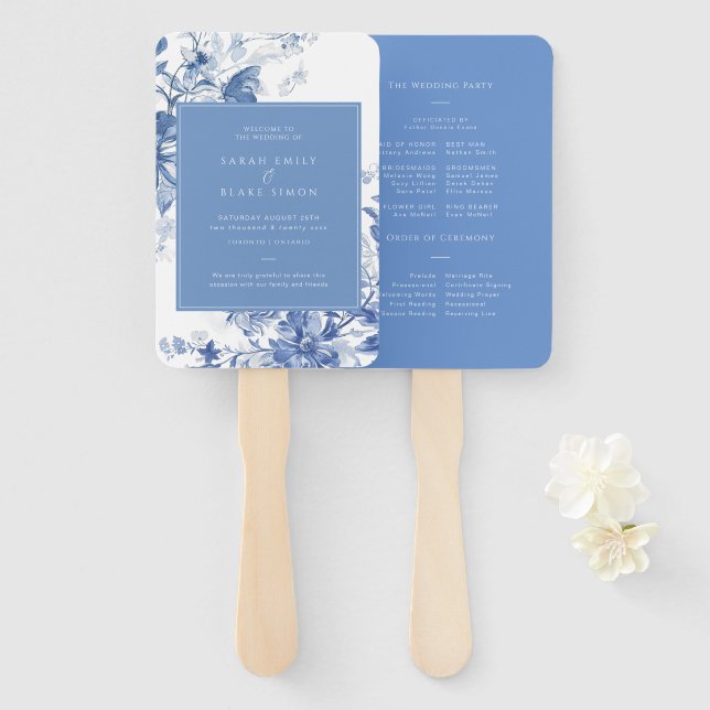 Französisches Hochzeitsprogramm für Blaufilde Fächer (Vorne und Hinten)