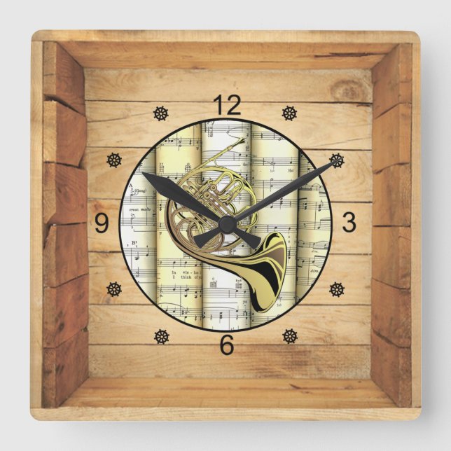 Französisches Horn ~ 3 Dimensionen ~ Folk Art Box  Quadratische Wanduhr (Vorderseite)
