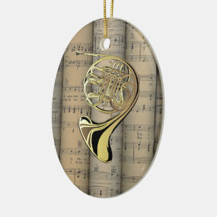 Französisches Horn ~ Blatt Music Back ~ Musical Keramikornament