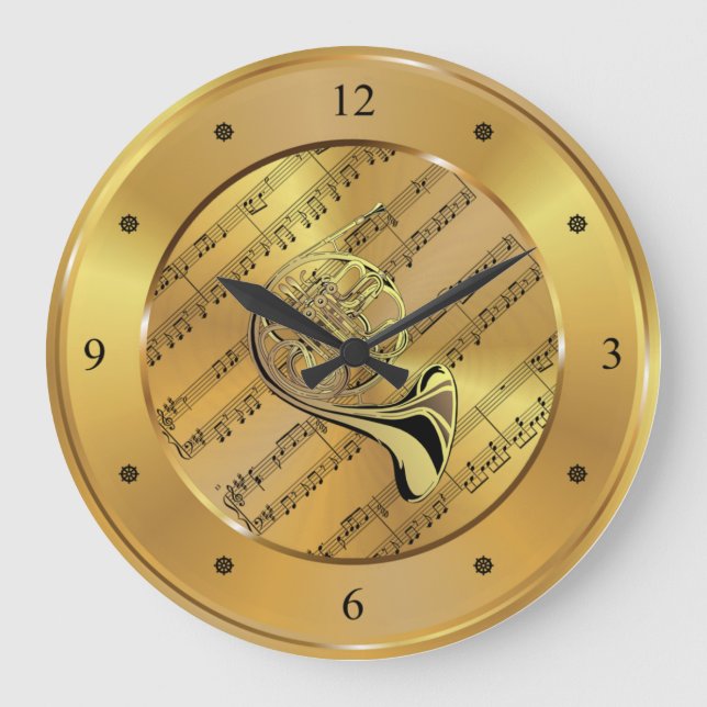 Französisches Horn ~ Blatt Musik ~ Gold Hintergrun Große Wanduhr (Vorderseite)