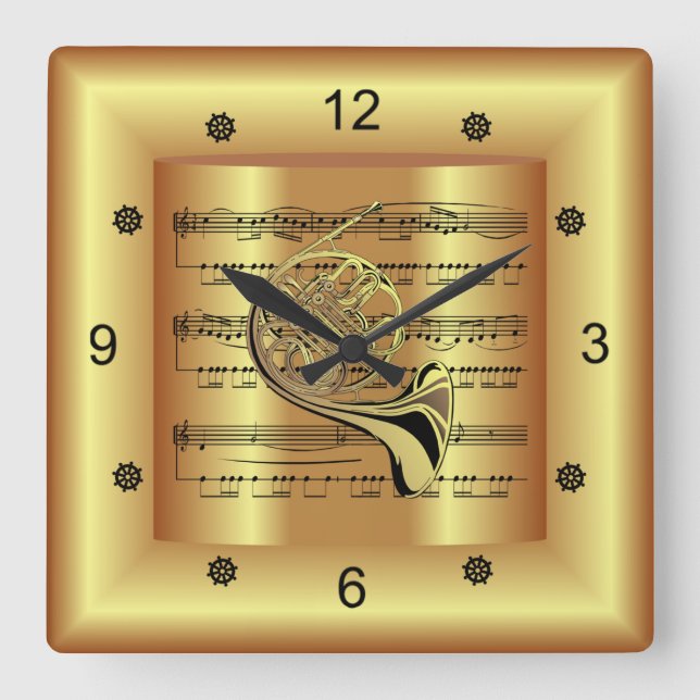 Französisches Horn~kurvte Blatt Musik~Gold Hinterg Quadratische Wanduhr (Vorderseite)