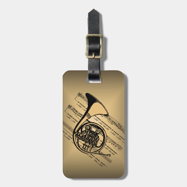 Französisches Horn mit Notenen-Hintergrund Gepäckanhänger (Vorderseite vertikal)