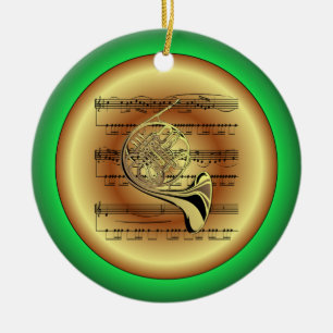 Französisches Horn~Sheet Music~Red/Green/Gold~Chri Keramik Ornament