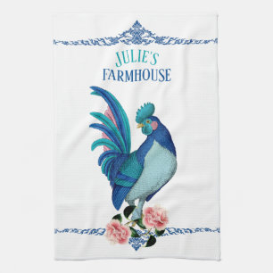 Französisches Landhaus Rooster Blue Aquamarin Pink Geschirrtuch