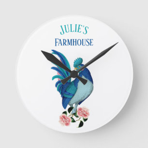 Französisches Landhaus Rooster Blue Aquamarin Pink Runde Wanduhr