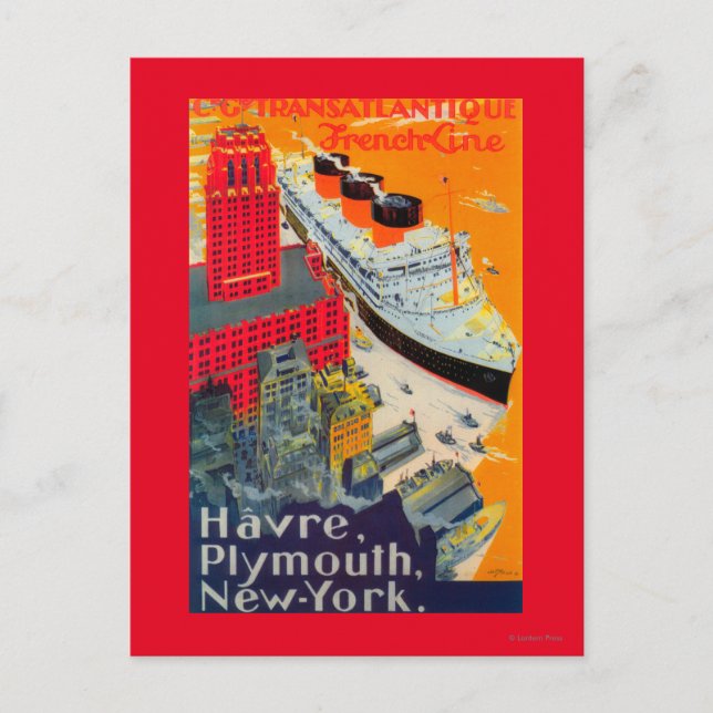 Französisches Line Travel Poster, Havre to Plymout Postkarte (Vorderseite)
