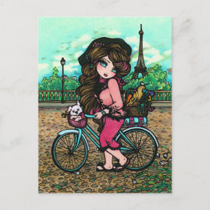 Französisches Mädchen und Welpe Paris Fahrrad Kuns Postkarte