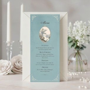 Französisches Reiher-Staubblau-Hochzeitsmenü Menükarte