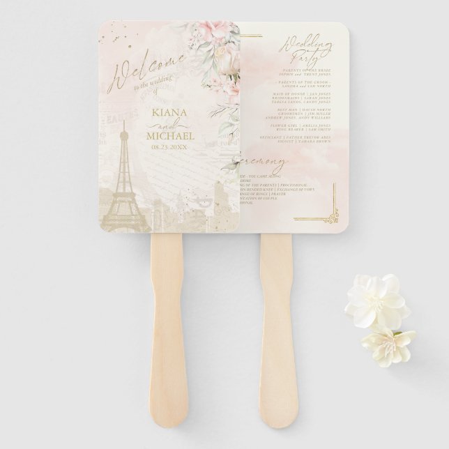 Französisches romantisches Hochzeitsprogramm Blush Fächer (Vorne und Hinten)