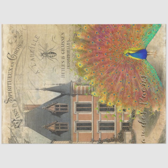 Französisches Schloss Vintag Peacock Ephemera Deco Seidenpapier (Vorderseite)