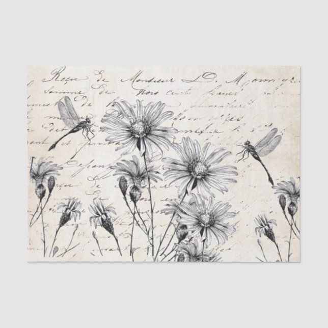 Französisches Skript Wildblumen Libelle Decoupage  Seidenpapier (Vorderseite)