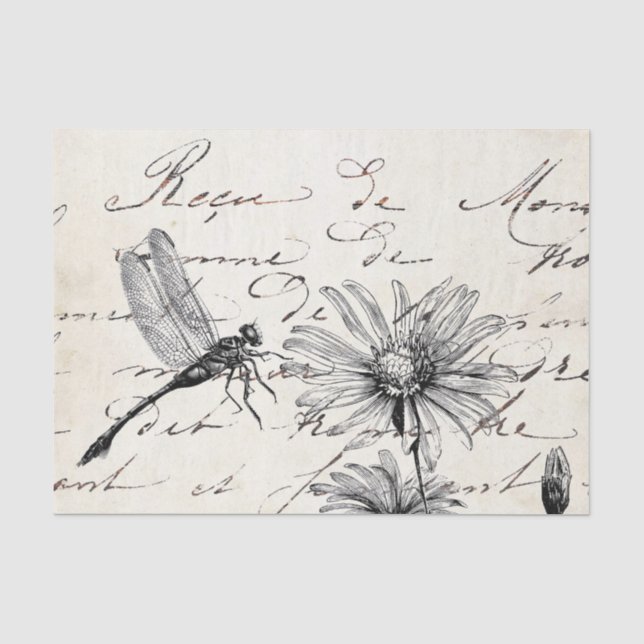 Französisches Skript Wildblumen Libelle Decoupage  Seidenpapier (Vorderseite)