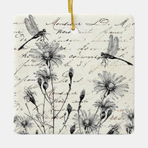 Französisches Skript Wildblumen Libelle Weihnachts Keramikornament