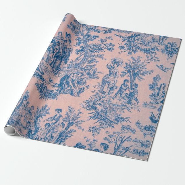 Französisches Toile de jouy blau und rosa Decodipa Geschenkpapier (Ungerollt)