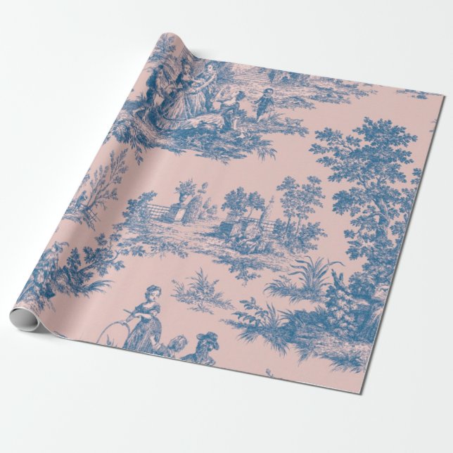 Französisches Toile de jouy blau und rosa Decodipa Geschenkpapier (Ungerollt)