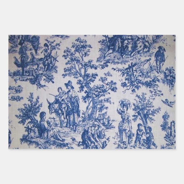 Französisches Toile de jouy Blau-Weiß-Deco Geschenkpapier Set (Vorderseite)