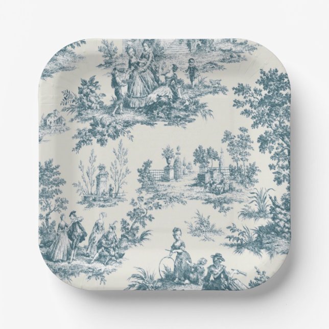 Französisches Toile de jouy sage grün elegant Pappteller (Vorderseite)