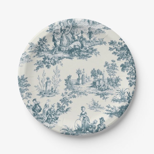 Französisches Toile de jouy sage grün elegant Pappteller (Vorderseite)