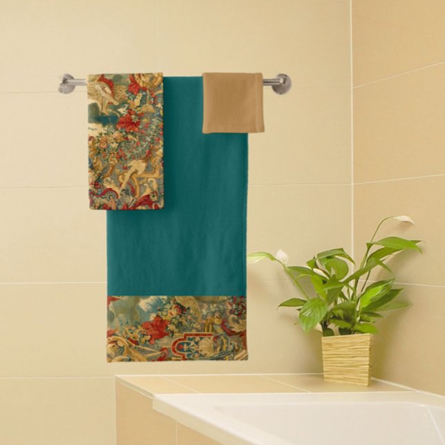 Französisches Vintages Tapestry Jewel Tone Aquamar Badhandtuch Set (Add elegance to your bathroom with these dark teal green French vintage tapestry towels.)