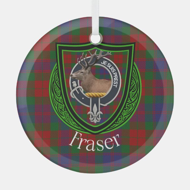 Fraser Scottish Clan Tartan & Crest Ornament Aus Glas (Vorderseite)