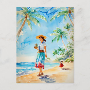 Frau am Hawaii-Strand Aquarellmalerei, Vintage Postkarte