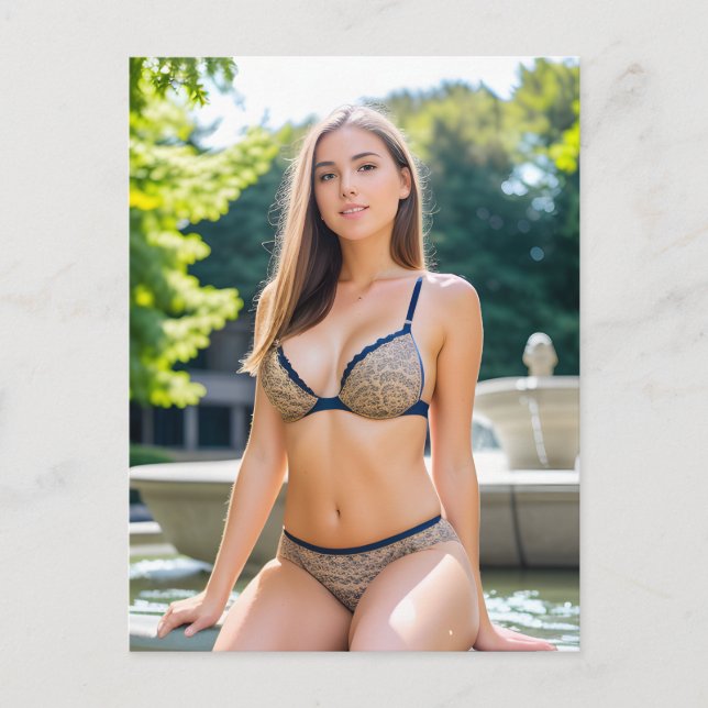 Frau am Springbrunnen Postkarte (Vorderseite)