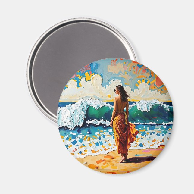 Frau am Strand Abstrakte Meereskunst Magnet (Vorderseite/Rückseite)
