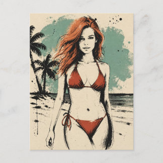 Frau am Strand in einem Bikini Postkarte
