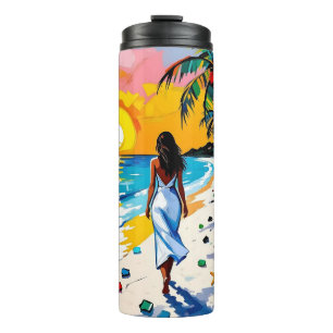 Frau am Strand Tropische Szene Thermosbecher