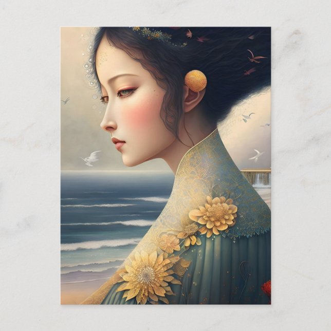 Frau an der Küste Postkarte (Vorderseite)