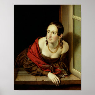 Frau an ihrem Fenster oder, die Ehefrau von a Poster
