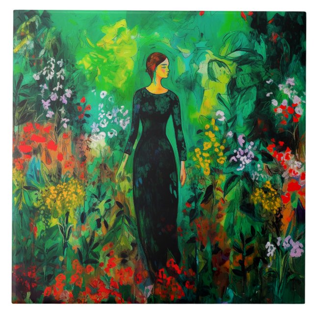 Frau auf der schönen grünen Wiese Fliese (Vorderseite)
