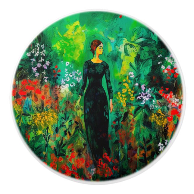 Frau auf der schönen grünen Wiese Keramikknauf (Vorderseite)