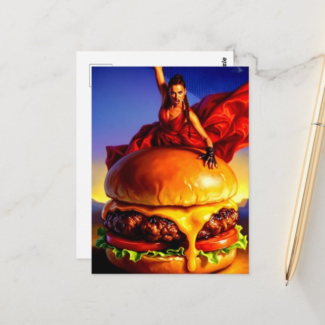 Frau auf einem Cheeseburger Postkarte (Vorderseite/Rückseite Beispiel)