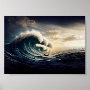 Frau auf einem kleinen Boot, die den Ozean segelt Poster